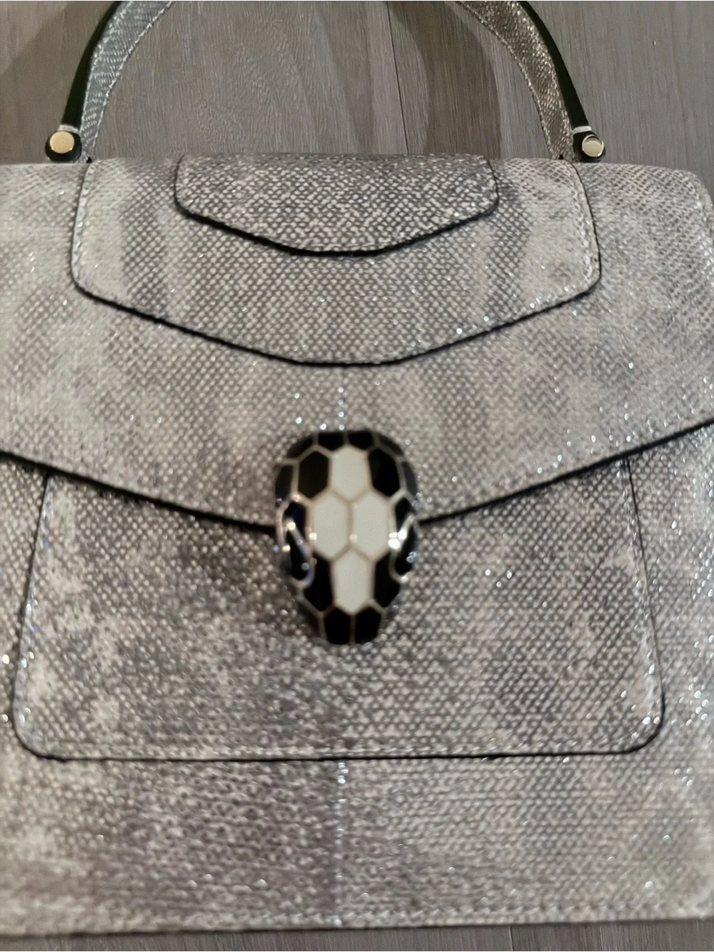 Bulgari Metallic Silver Top-Handle Satchel with Snakehead Clasp